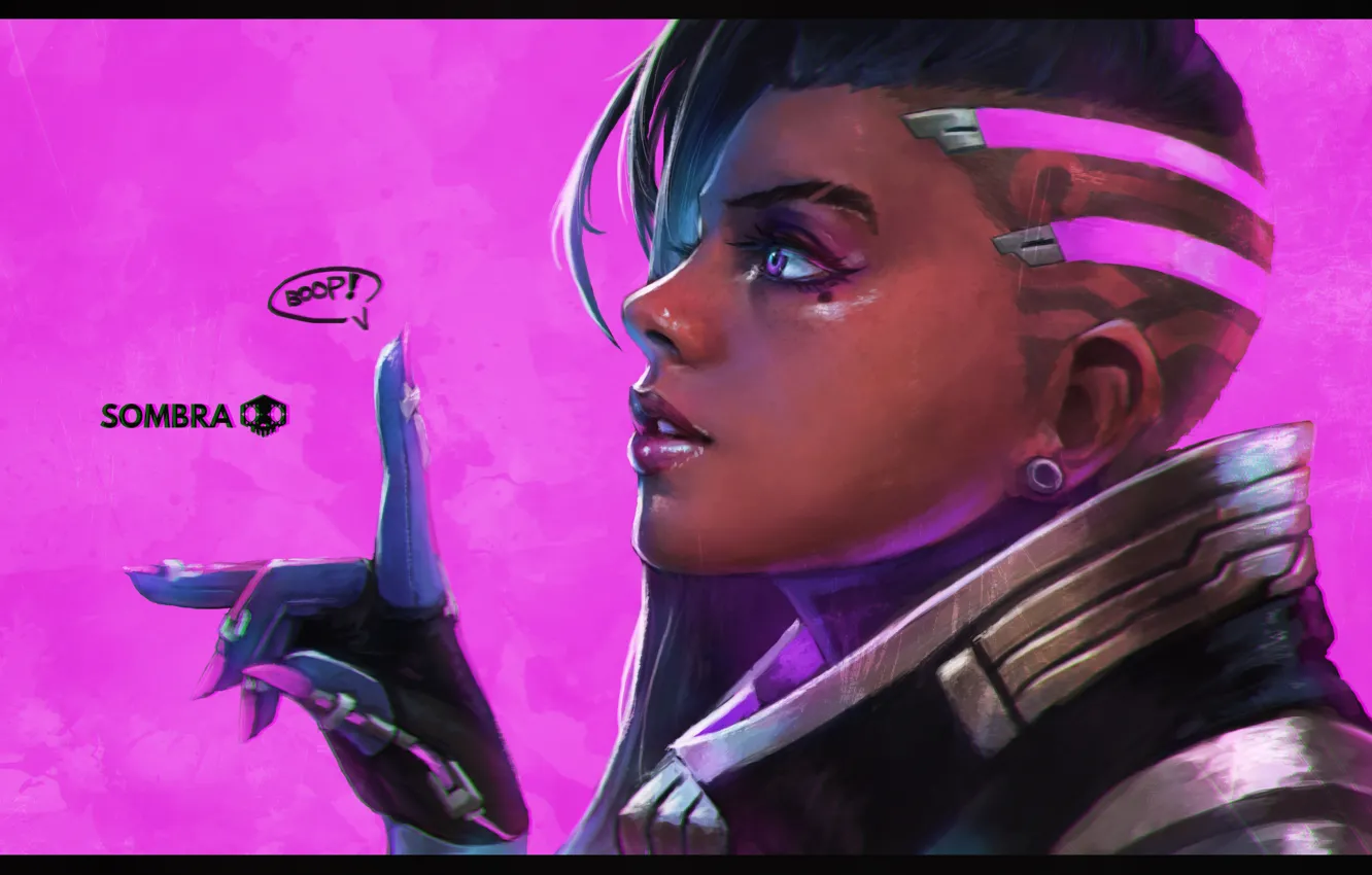 Photo wallpaper girl, face, hands, hero, art, Overwatch, Sombra