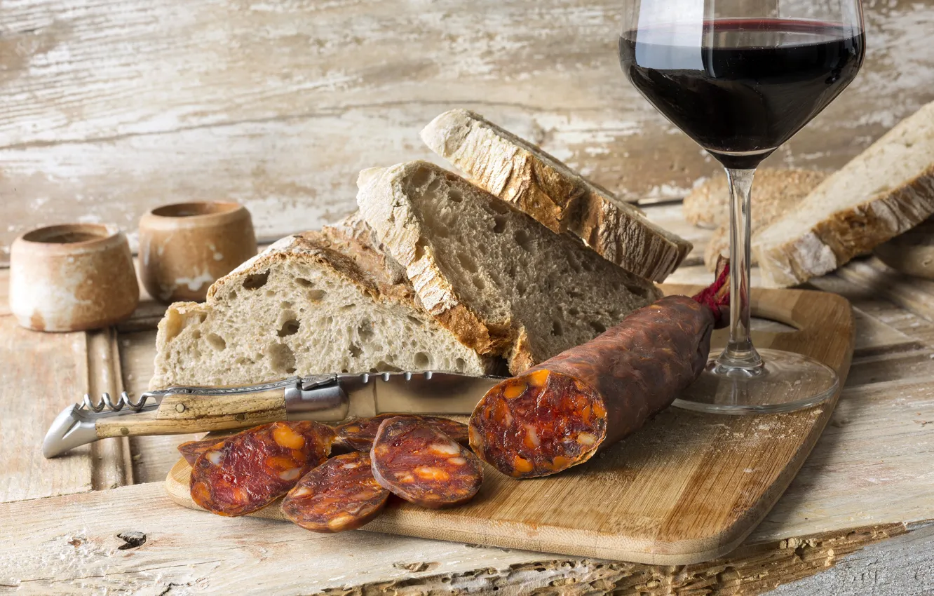 Photo wallpaper table, wine, glass, bread, knife, Board, sausage, bokeh