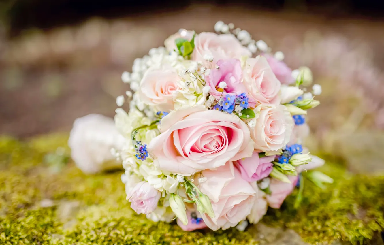 Photo wallpaper roses, bouquet, forget-me-nots, wedding bouquet