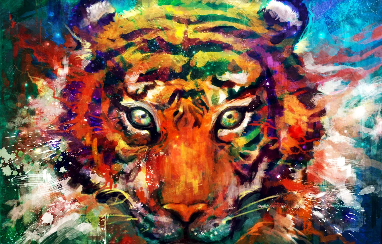 Photo wallpaper eyes, look, tiger, animal, head, art