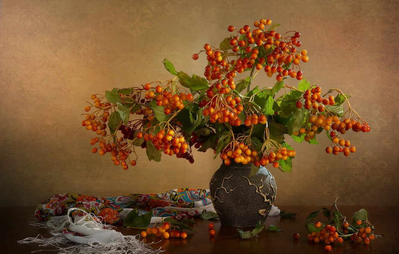 Photo wallpaper branches, berries, vase, shawl, Kalina