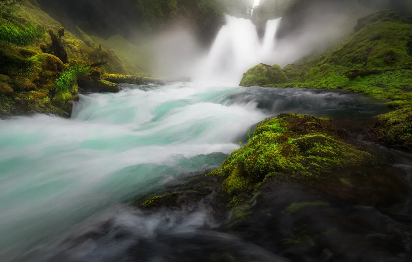 Photo wallpaper fog, river, shore, for, waterfall