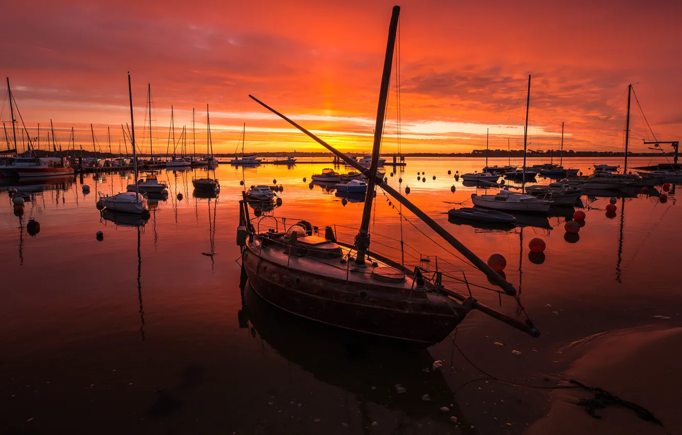 Photo wallpaper water, the sun, clouds, light, sunset, river, boats, the evening