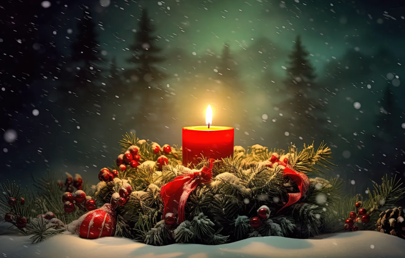 Photo wallpaper winter, snow, decoration, night, berries, new year, candles, Christmas
