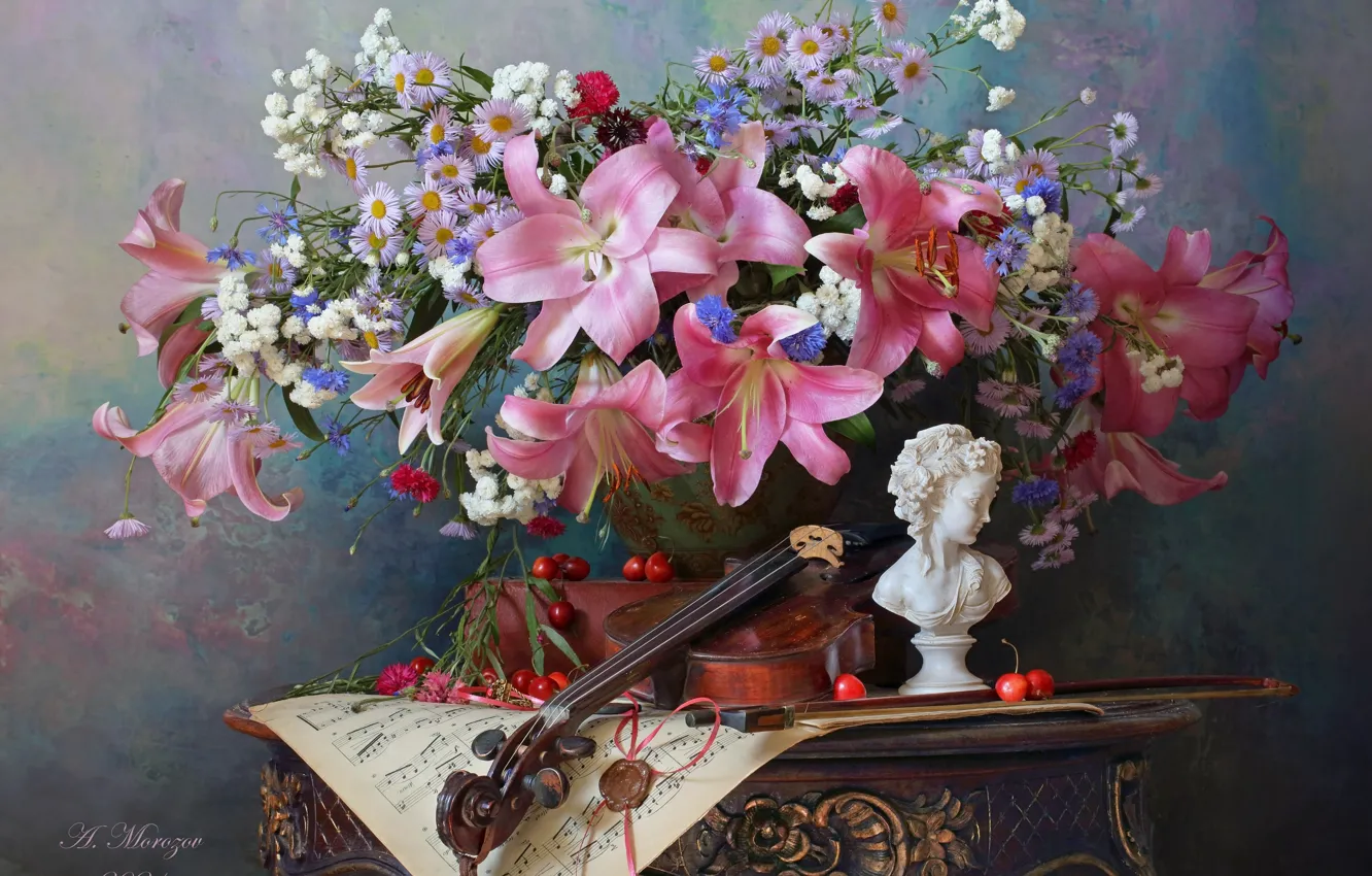 Photo wallpaper flowers, style, berries, notes, violin, Lily, bouquet, figurine