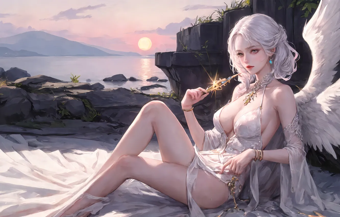 Photo wallpaper girl, fantasy, art, wings, angel, AI Generated