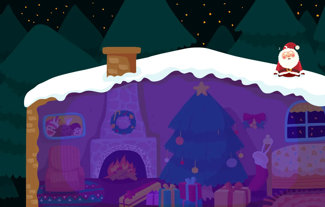 Photo wallpaper winter, roof, snow, night, holiday, vector, art, New year