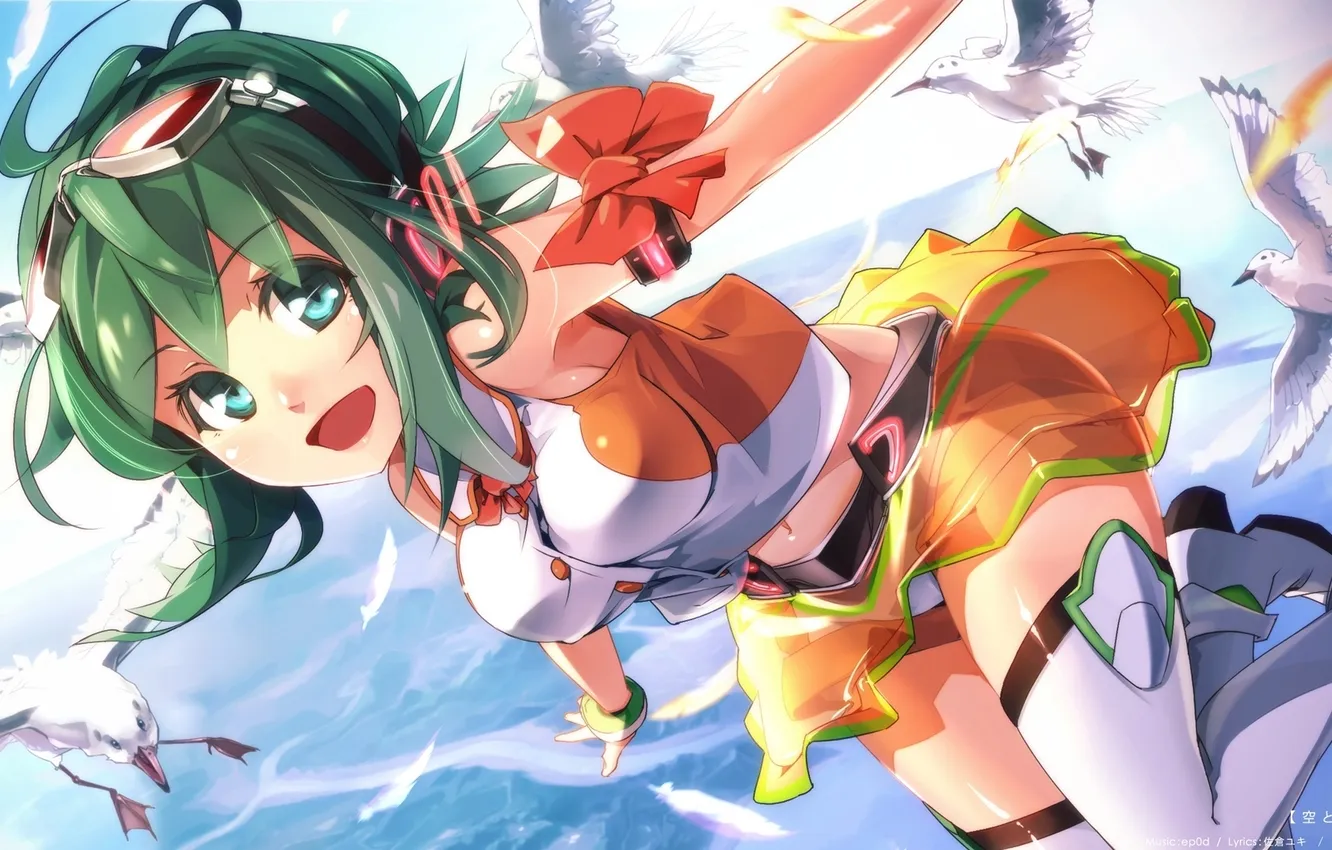 Photo wallpaper the sky, girl, clouds, bird, headphones, art, vocaloid, Vocaloid