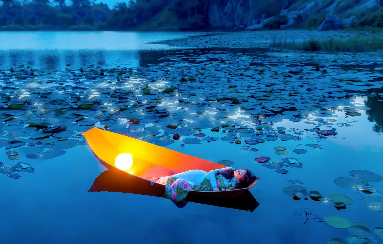 Photo wallpaper girl, lake, mood, boat