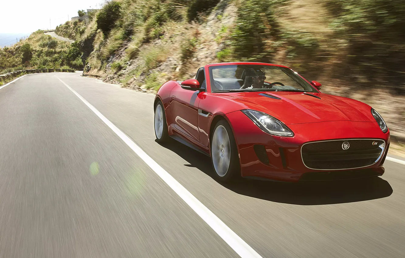 Photo wallpaper red, movement, Jaguar, convertible, front view, jaguar, plain, f-type