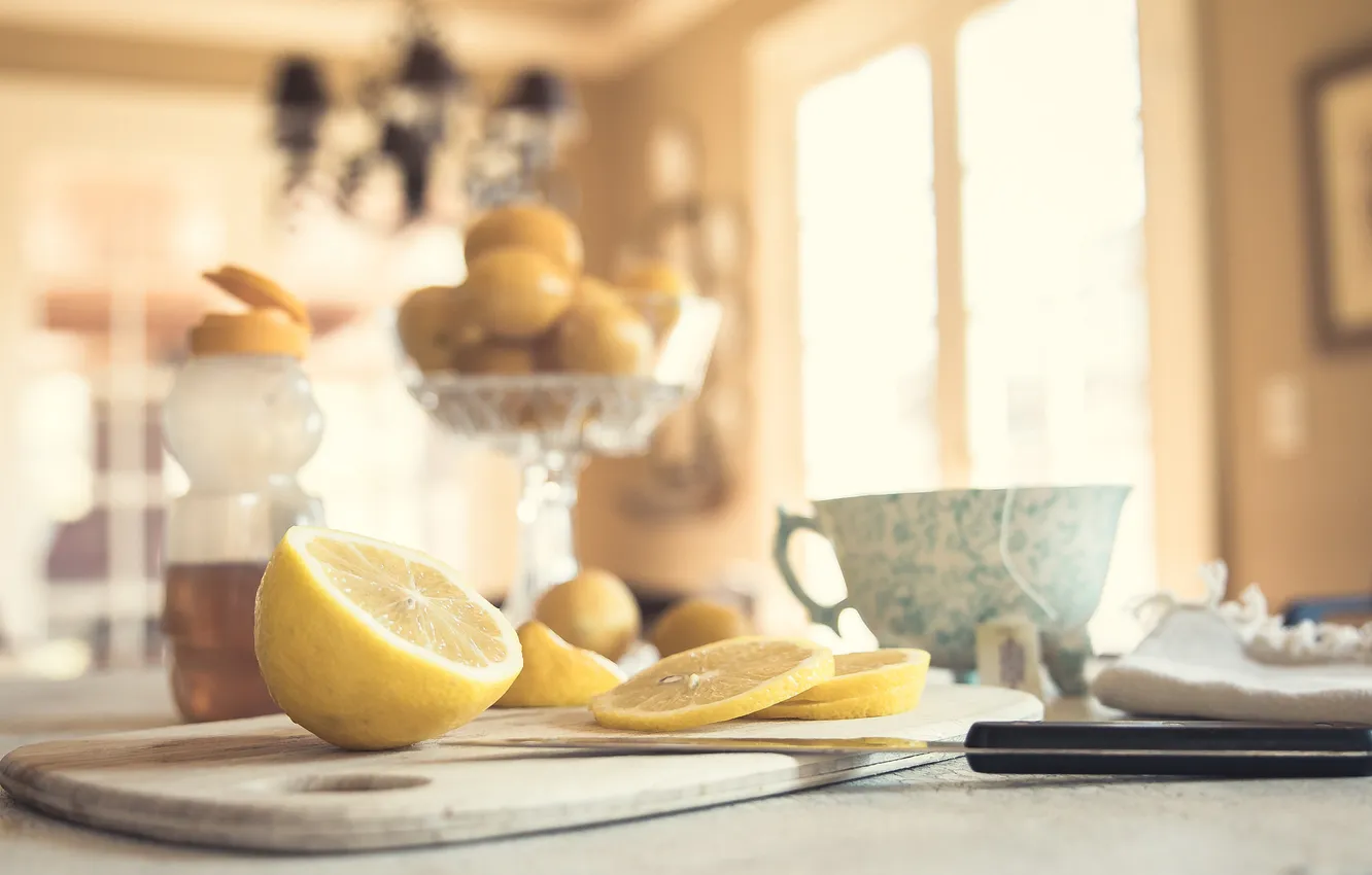 Photo wallpaper table, lemon, knife, slices, cutting