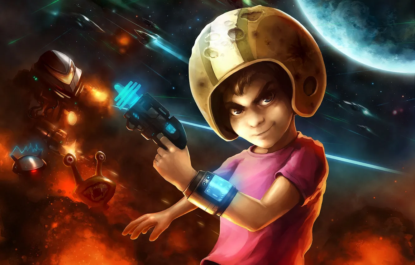 Photo wallpaper stars, the explosion, weapons, fiction, planet, snail, boy, art