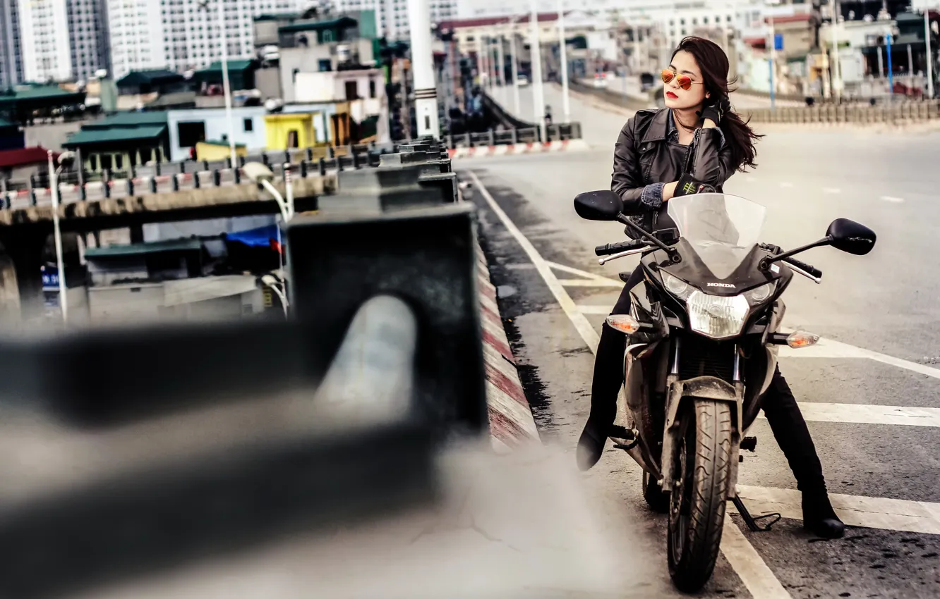 Photo wallpaper girl, the city, street, glasses, motorcycle, Honda