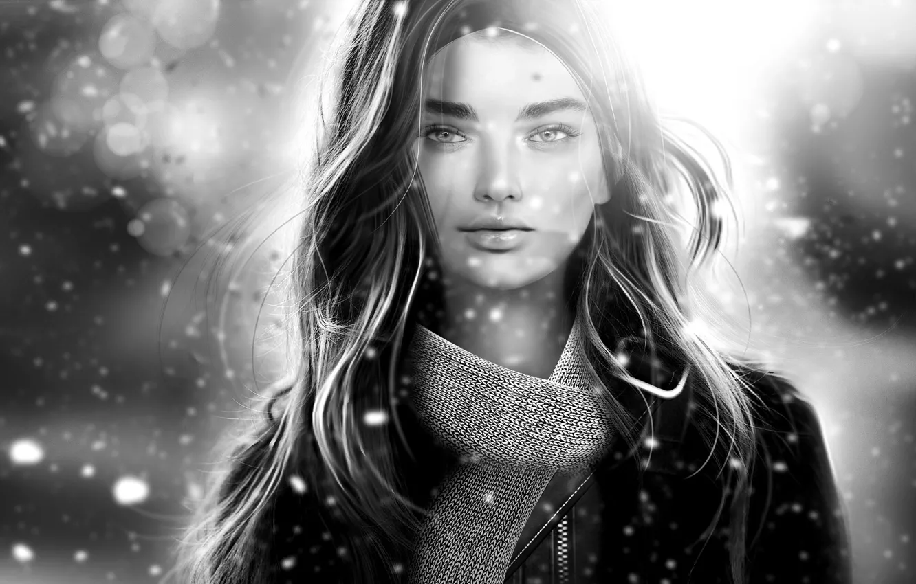 Photo wallpaper girl, snow, face, scarf