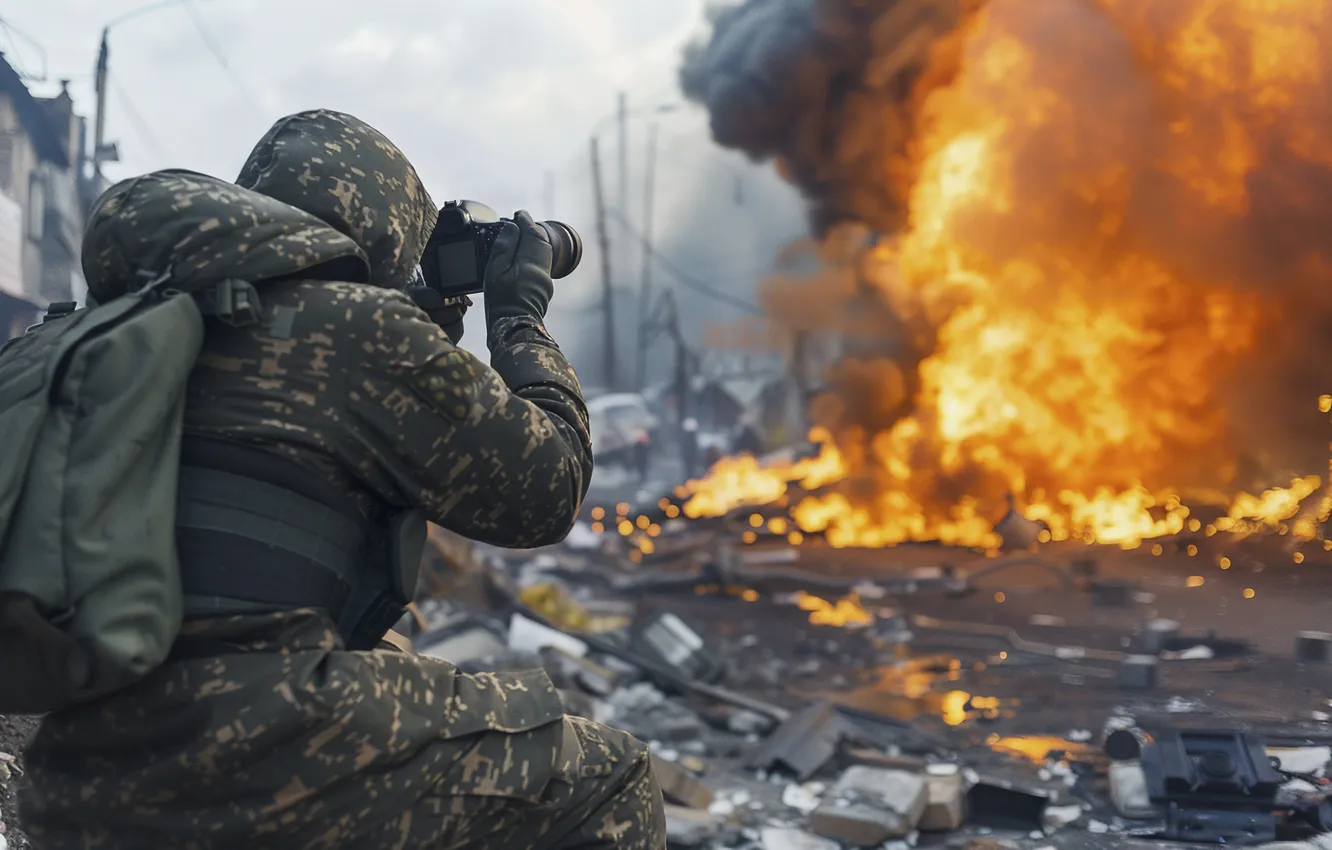 Photo wallpaper lights, smoke, the camera, male, digital art, AI art, The Art of Artificial Intelligence, War …