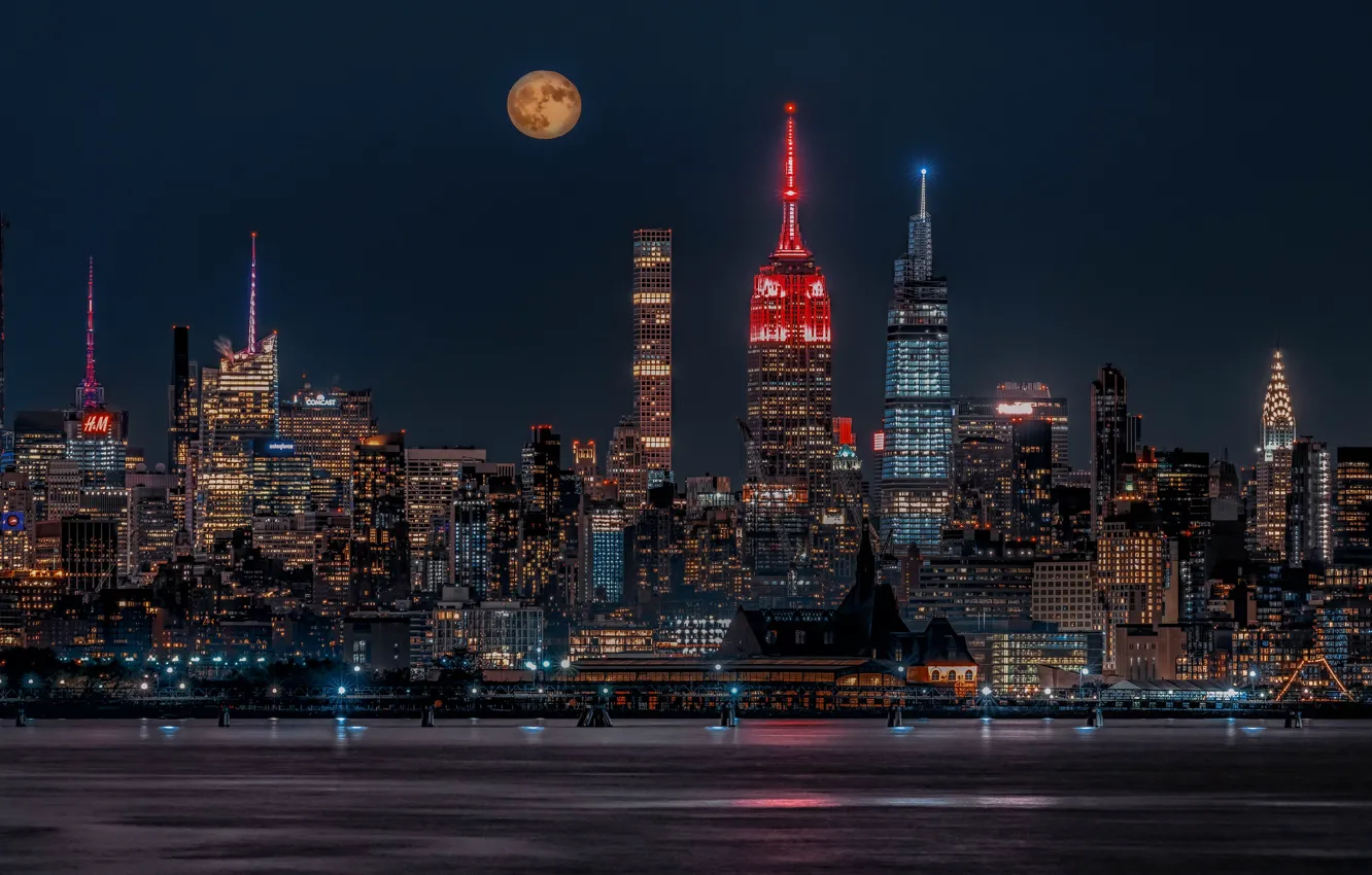 Photo wallpaper night, the city, lights, the moon, shore, building, tower, home