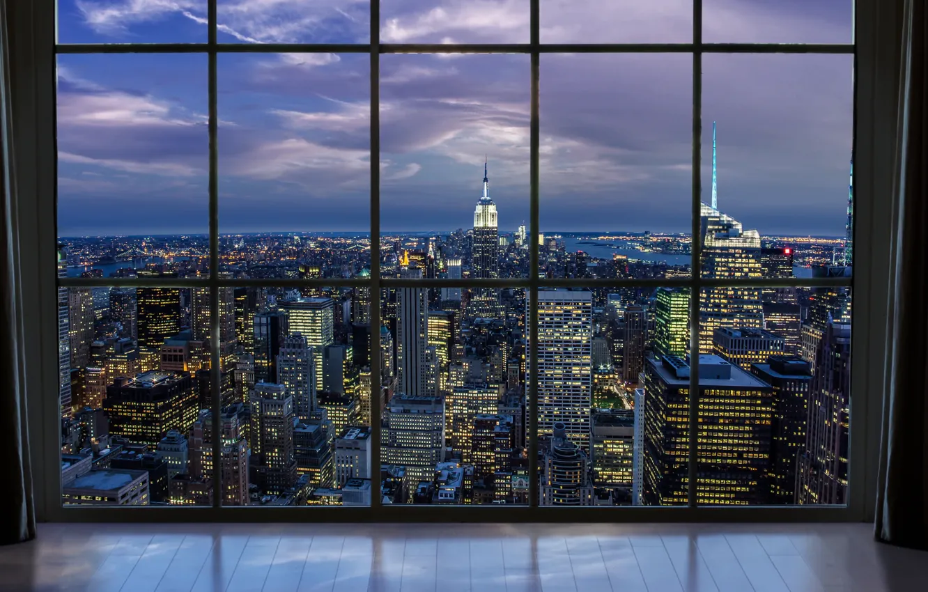 Photo wallpaper the sky, clouds, the city, building, horizon, the view from the window, skyscrapers, city lights