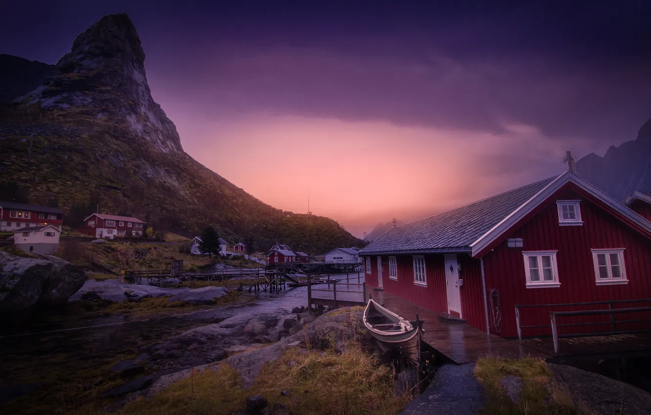 Photo wallpaper sunset, mountains, rocks, shore, boat, house, twilight, pond