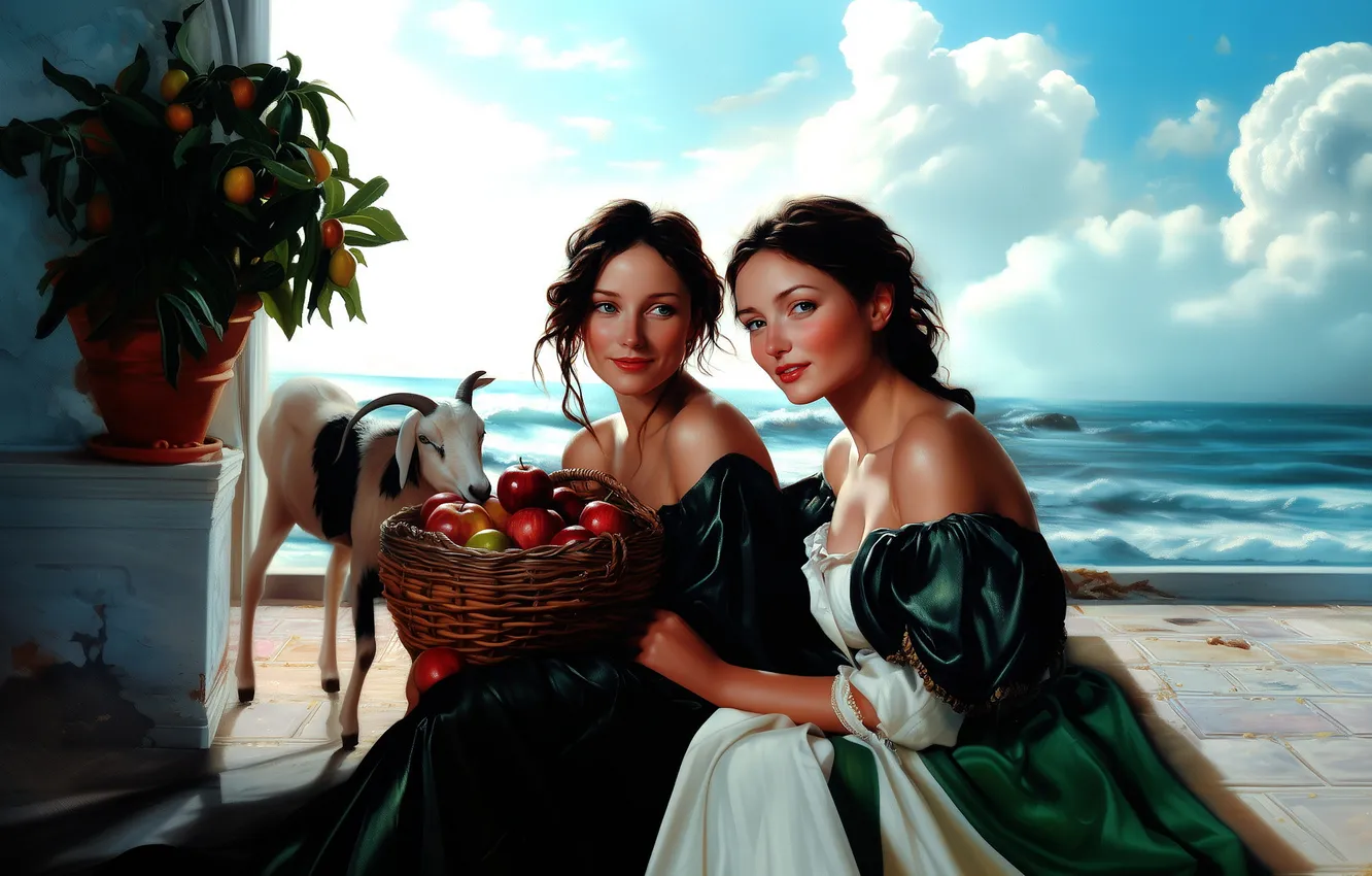 Photo wallpaper sea, summer, look, girl, clouds, pose, retro, shore