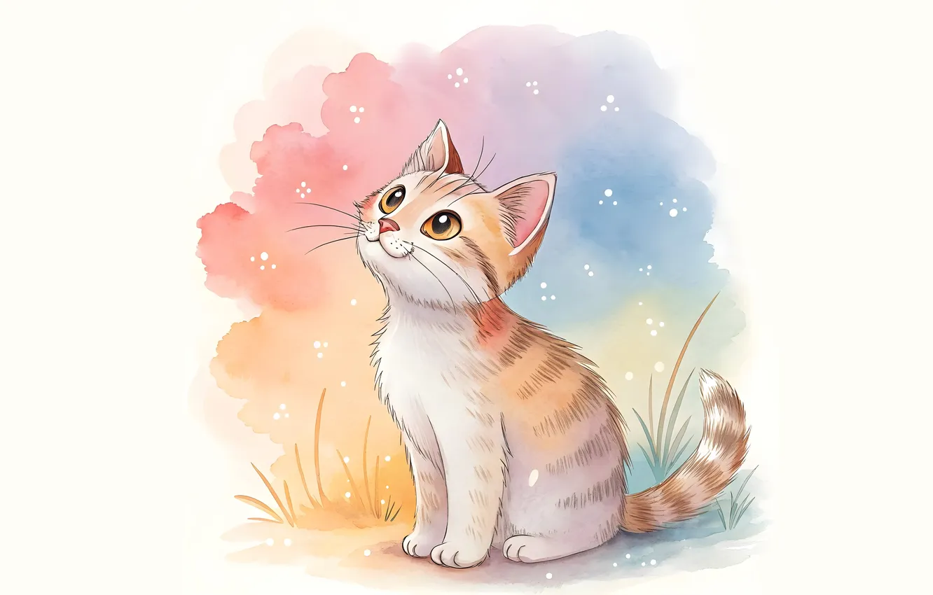 Photo wallpaper cat, look, clouds, pose, figure, white background, red, kitty