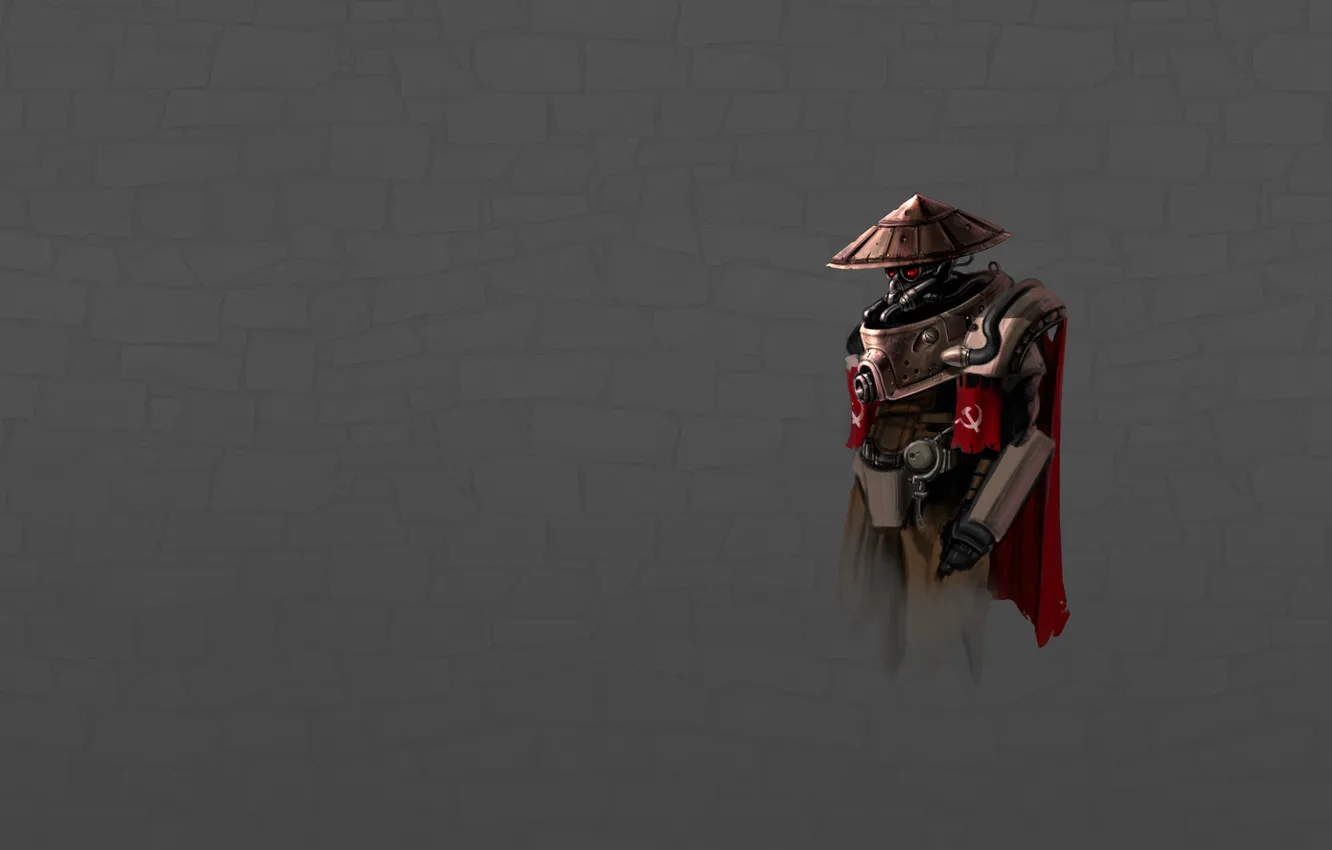 Photo wallpaper red, minimalism, cyborg, cloak, the hammer and sickle, the Soviet Union, dark grey background