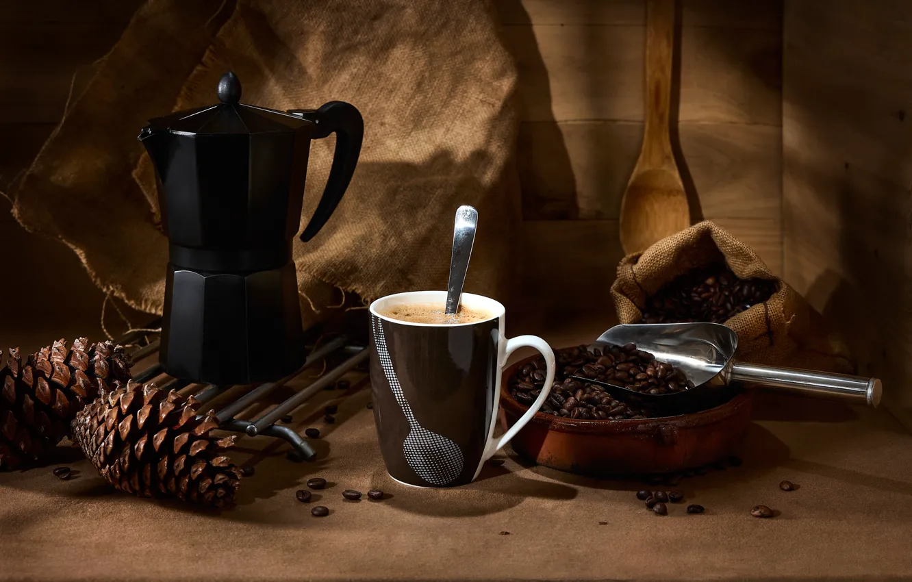 Photo wallpaper style, coffee, mug, still life, bumps, coffee beans, coffee maker, scoop