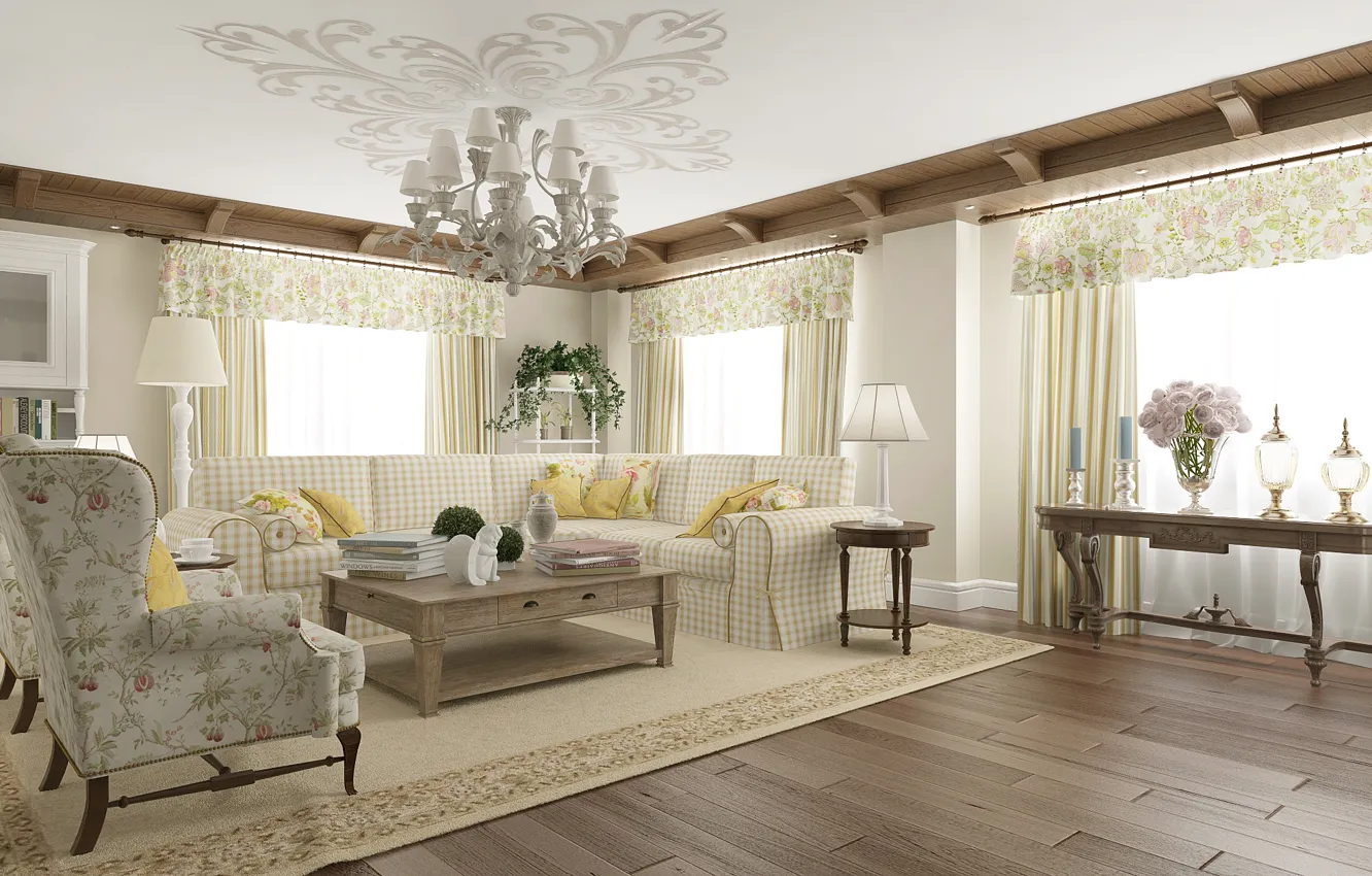 Photo wallpaper room, sofa, chair, the ceiling, chandelier, living room