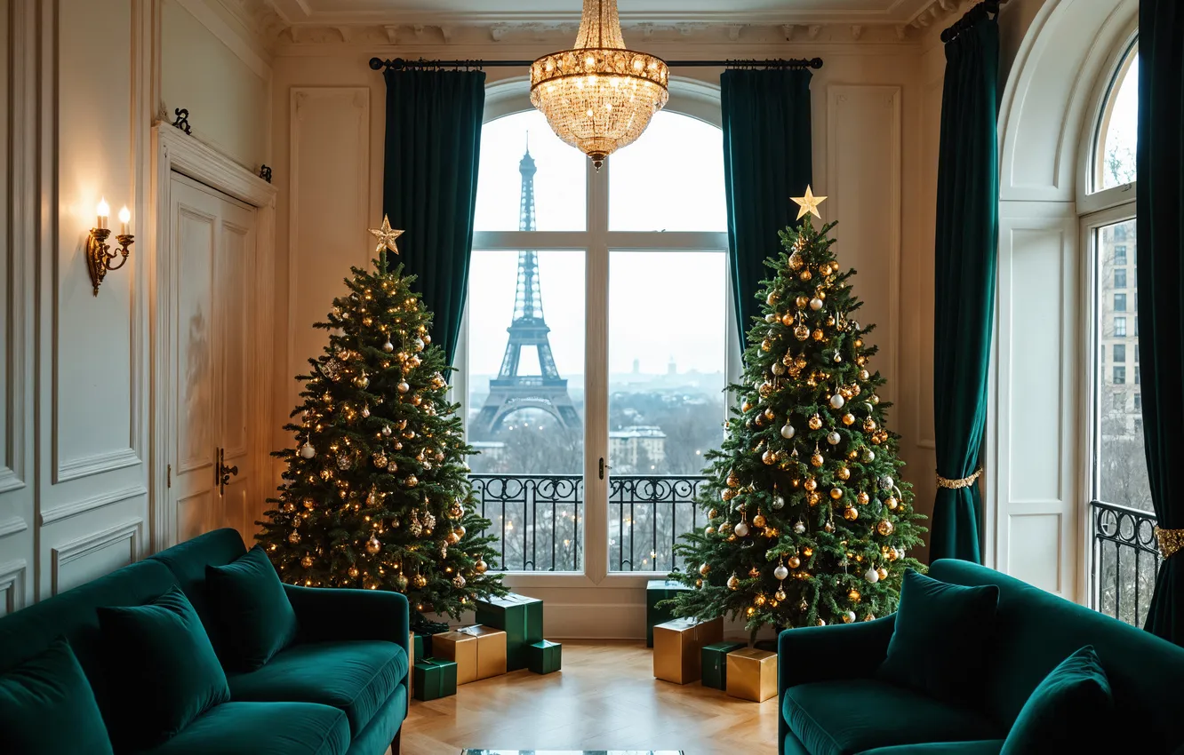 Photo wallpaper room, Paris, tree, new year, interior, Christmas, Eiffel tower, Paris