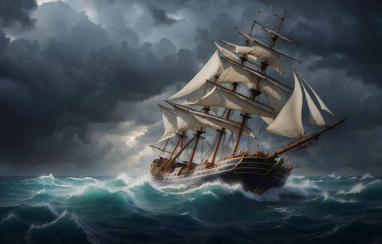 Photo wallpaper Clouds, Sea, Wave, Ship, Storm, The wind, Digital art, Sailing ship