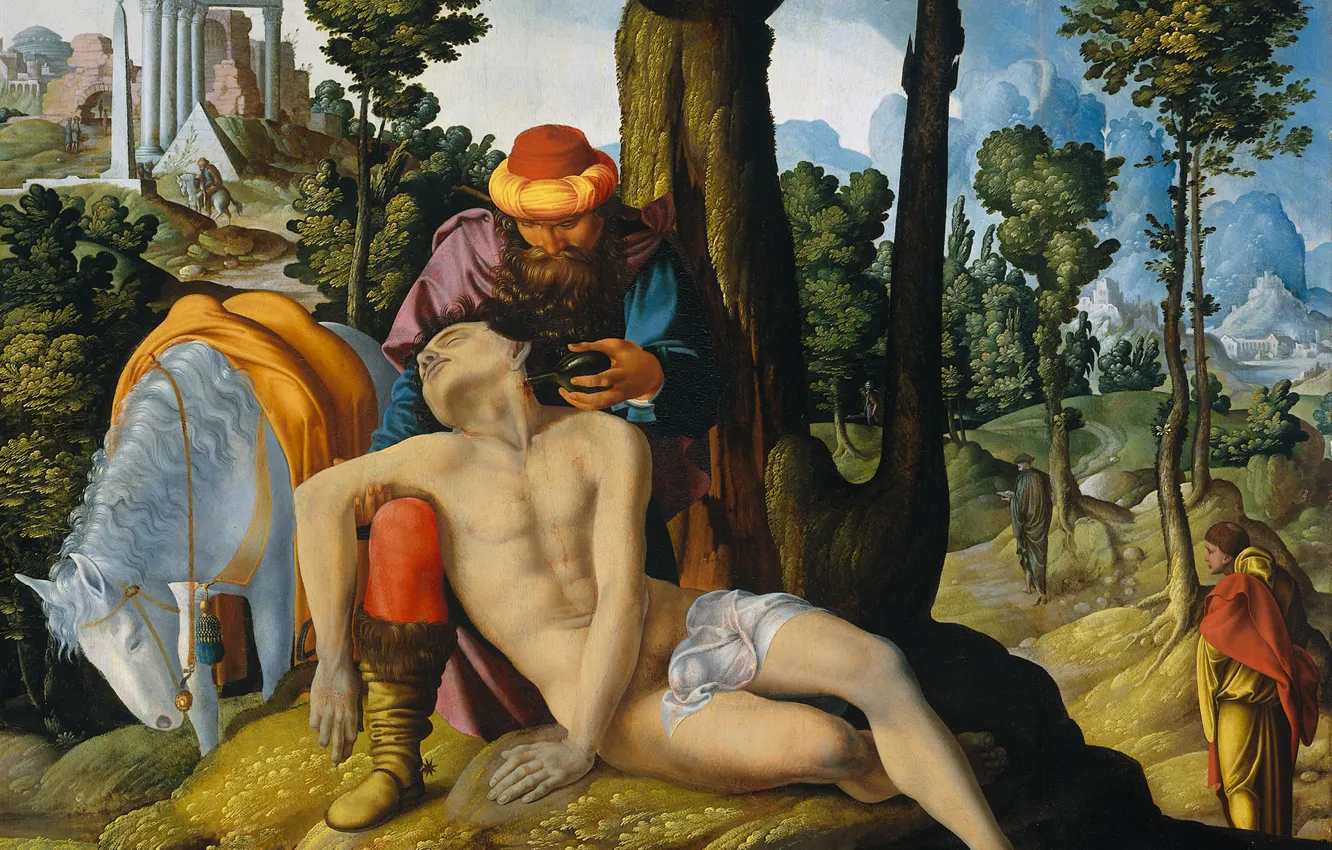 Photo wallpaper trees, oil, picture, mythology, Master of the Amsterdam, Good Samaritan