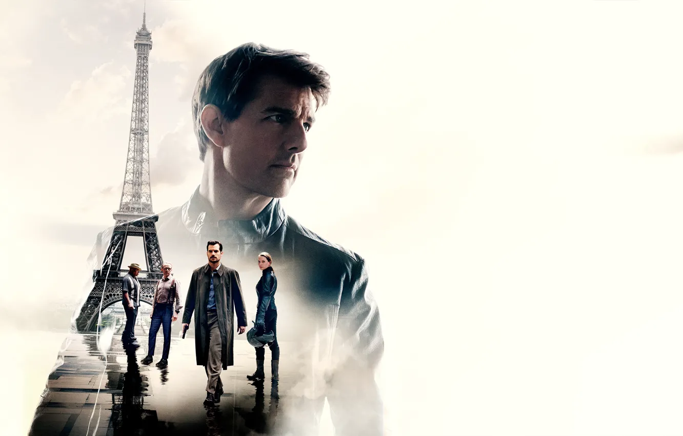 Photo wallpaper collage, white background, Eiffel tower, action, poster, Tom Cruise, characters, Tom Cruise