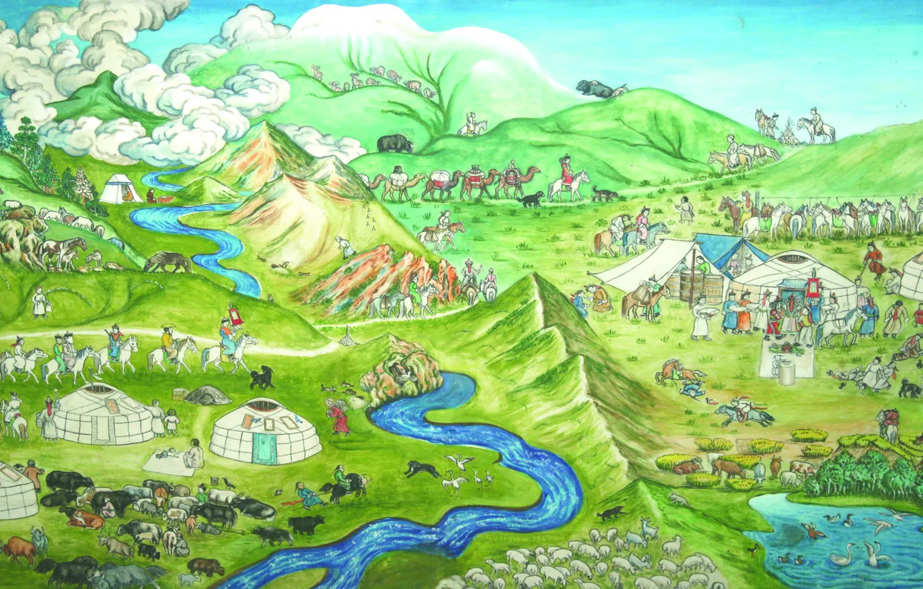 Photo wallpaper the steppe, river, green, hills, figure, booze, wedding, old