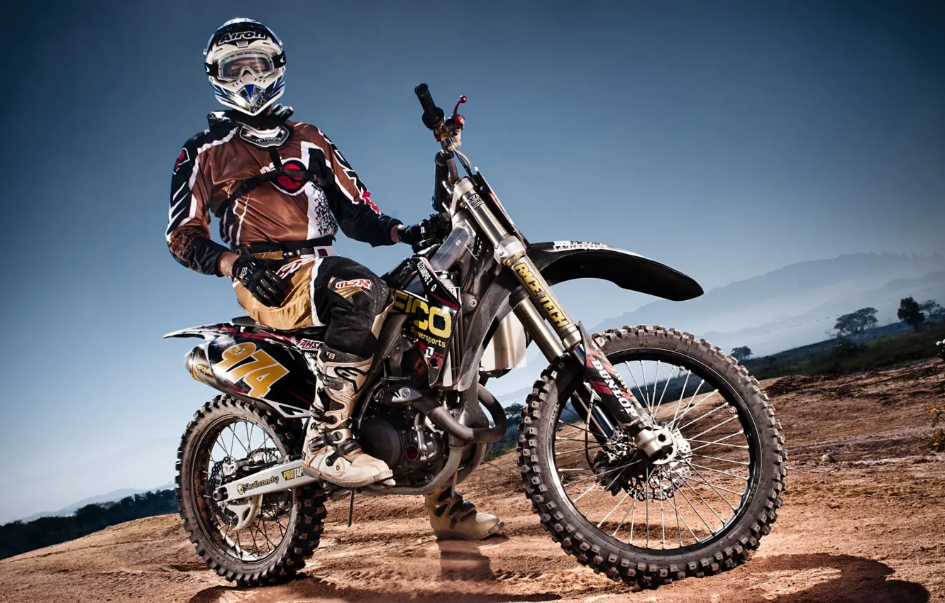 Photo wallpaper shadow, wheel, motorcycle, helmet, pilot, motocross, racing track, extreme sports