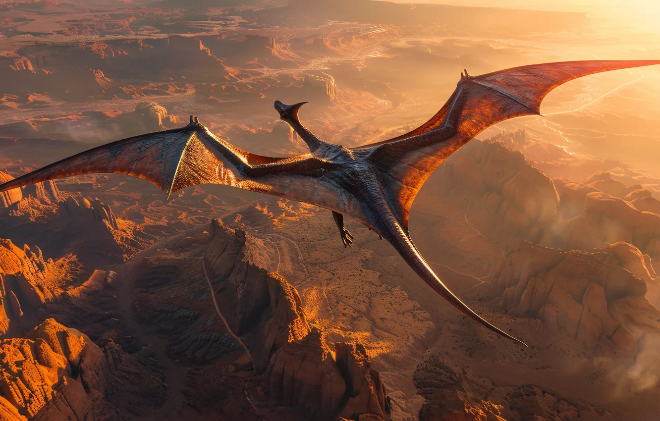 Photo wallpaper flight, mountains, animal, wings, dinosaur, top, pterodactyl, digital art