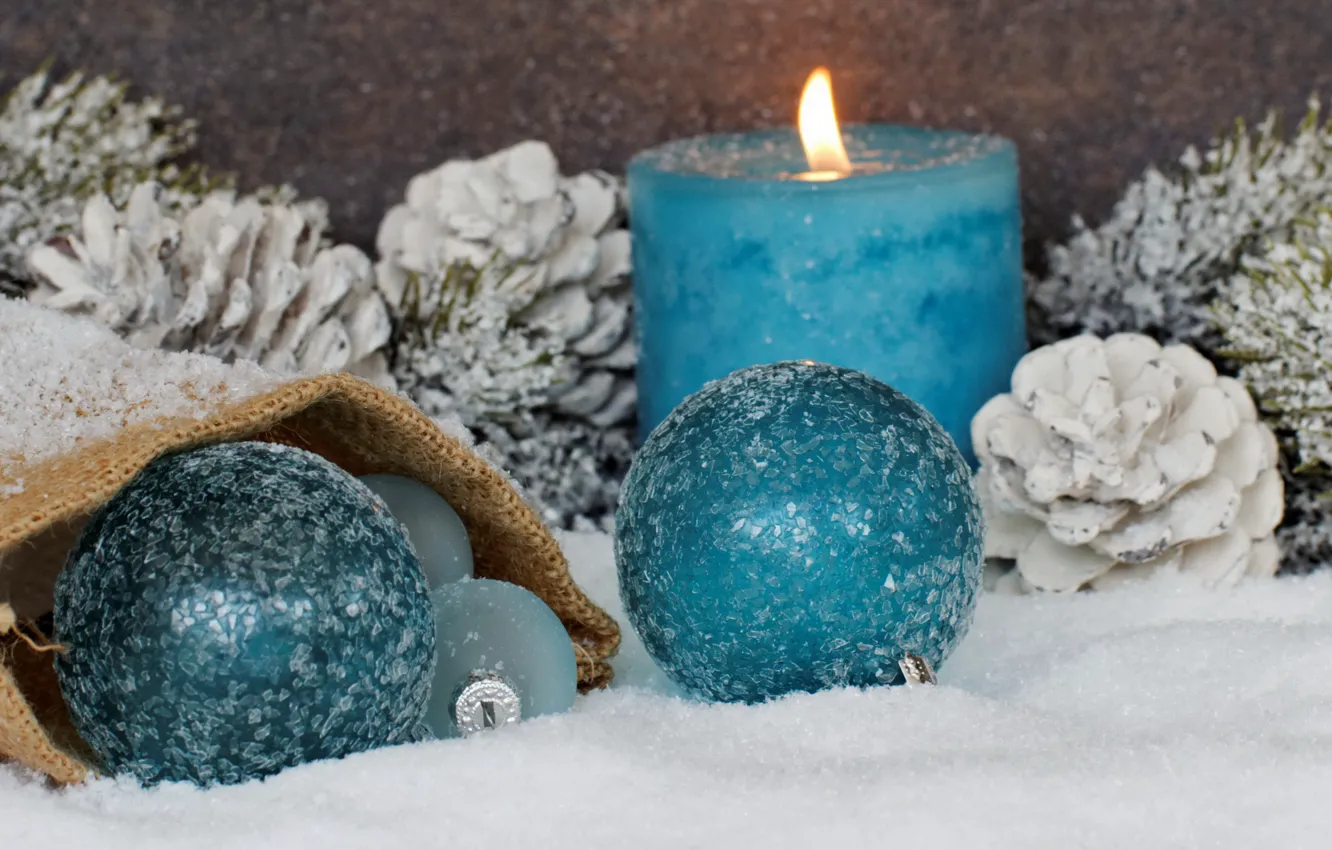 Photo wallpaper snow, balls, new year, candles, Christmas, merry christmas, Xmas, decoration