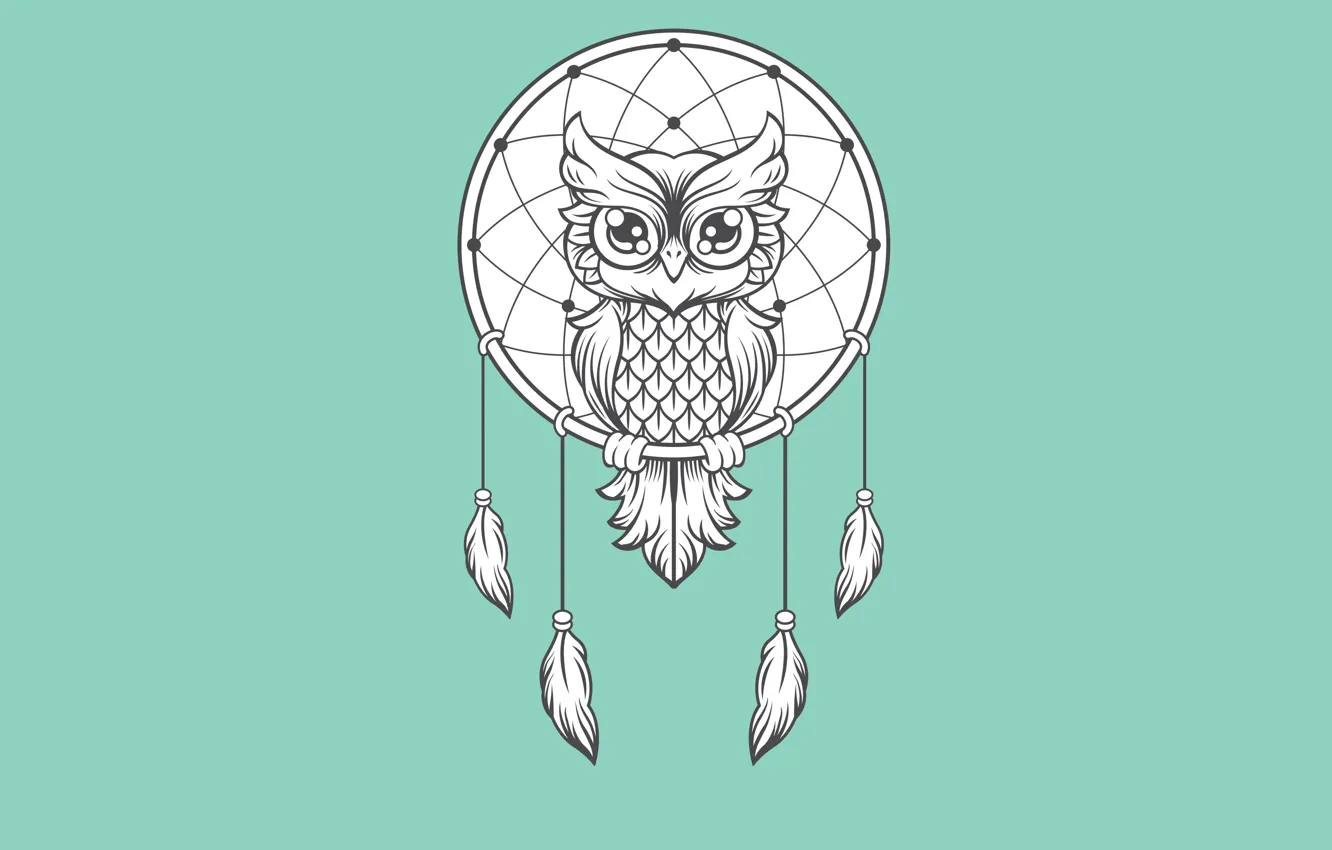 Photo wallpaper owl, bird, minimalism, light background, owl, Dreamcatcher, dreamcatcher, dream catcher