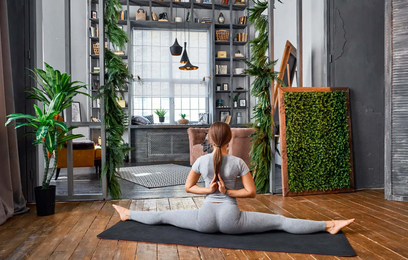 Photo wallpaper girl, pose, room, flexibility, plants, figure, slim, t-shirt