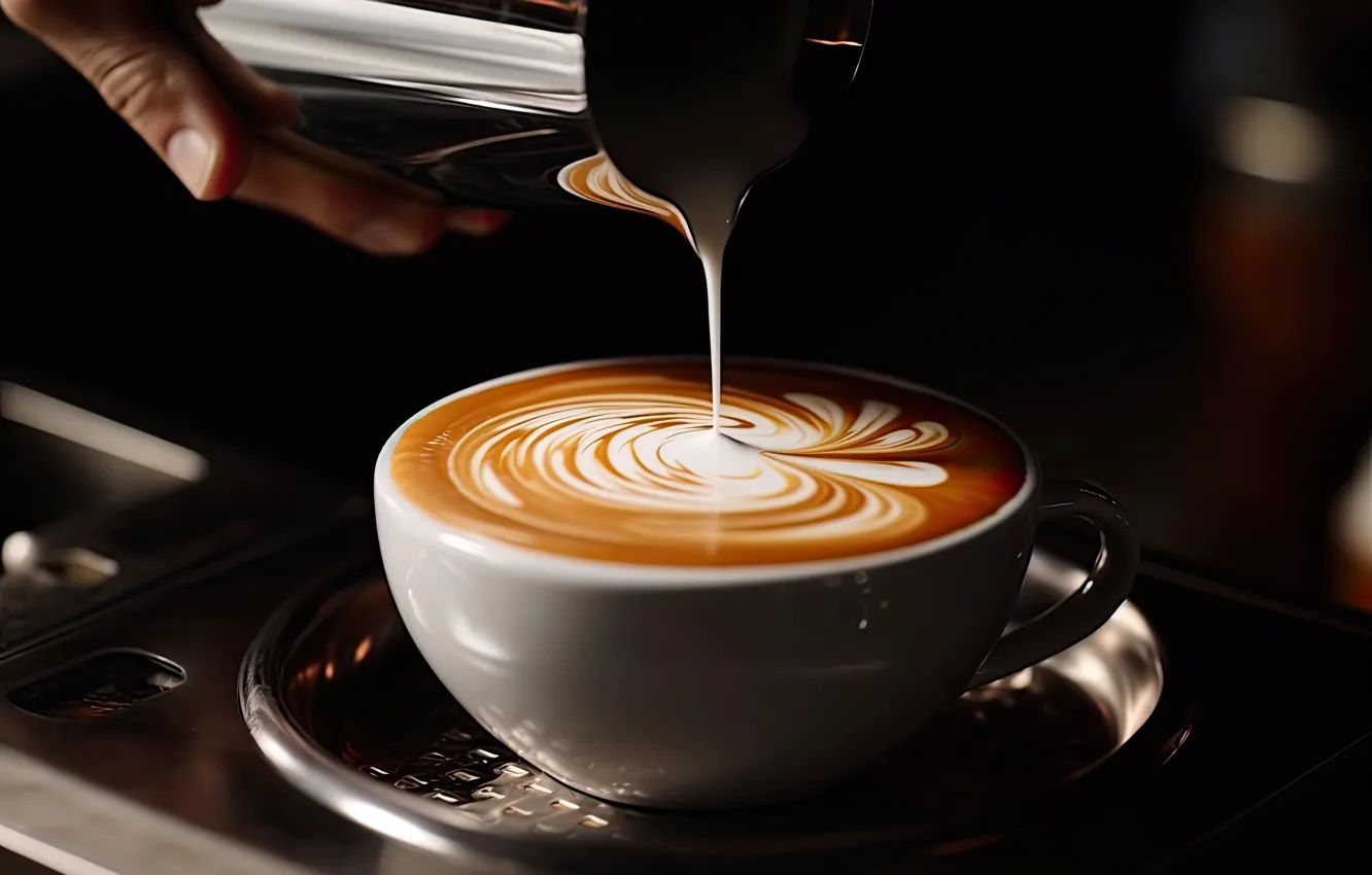 Photo wallpaper the dark background, table, coffee, mug, Cup, drink, AI art, neural network