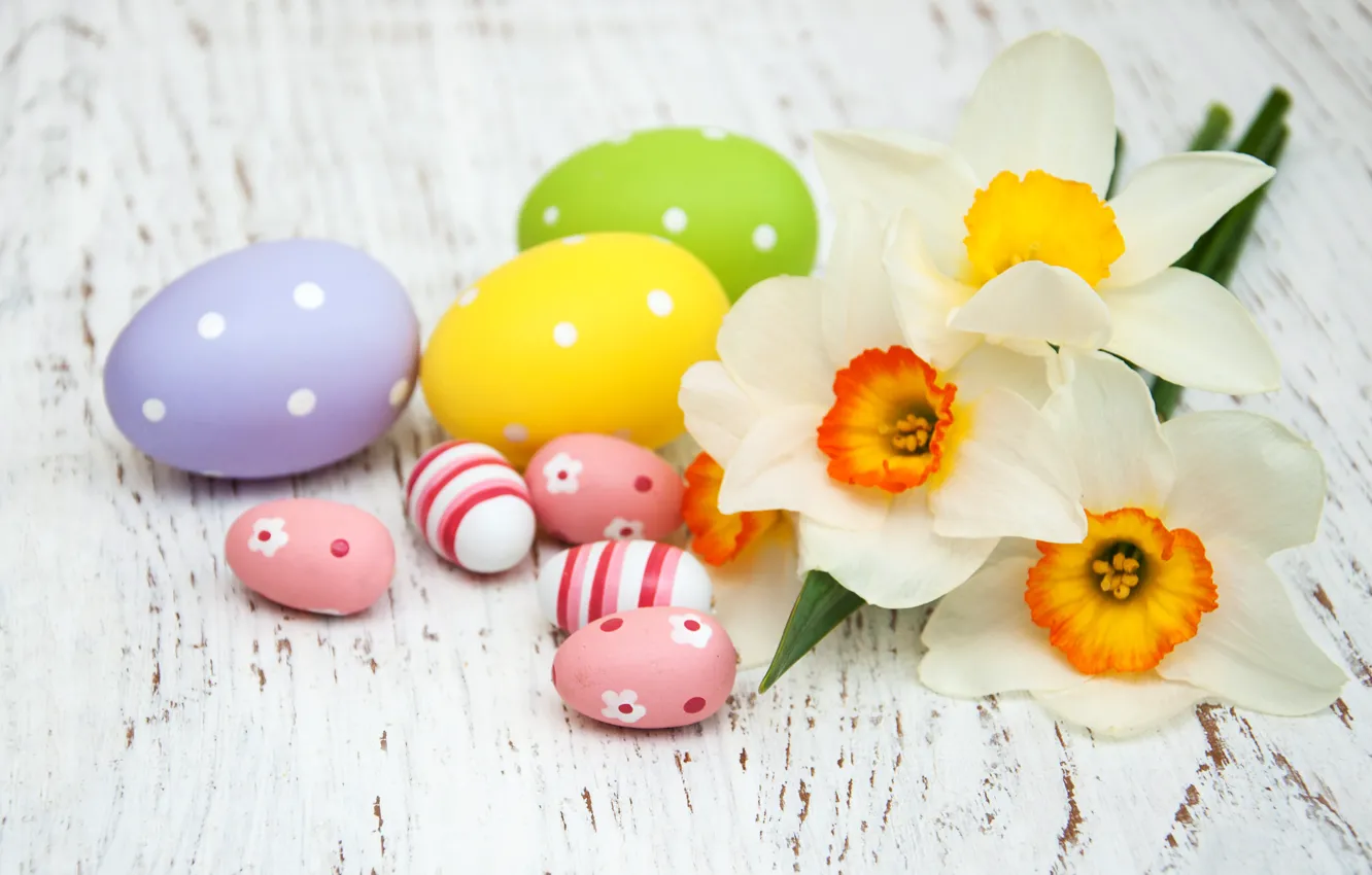 Photo wallpaper flowers, eggs, spring, colorful, Easter, wood, flowers, spring