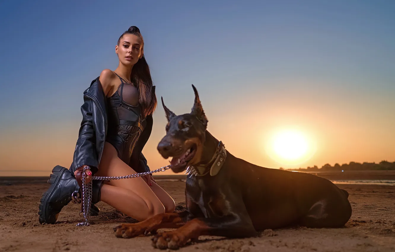 Photo wallpaper sand, beach, look, girl, sunset, pose, river, dog