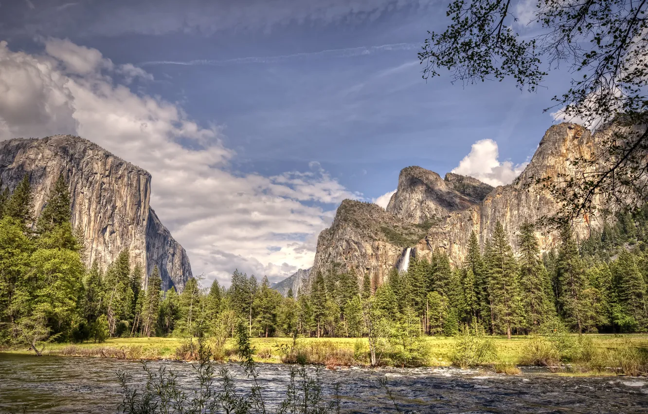 Photo wallpaper forest, the sky, water, clouds, trees, rocks, CA, USA
