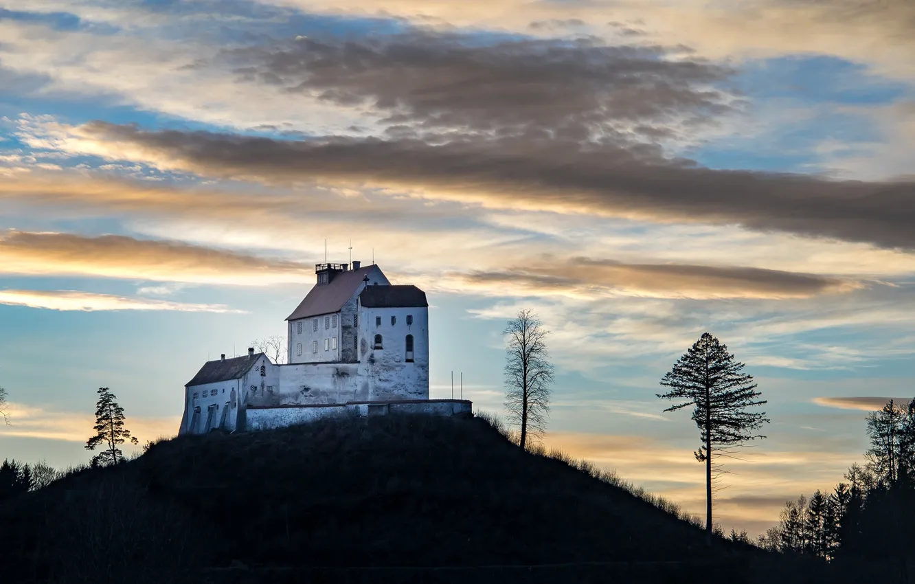 Photo wallpaper clouds, castle, hills, Germany, Waldburg