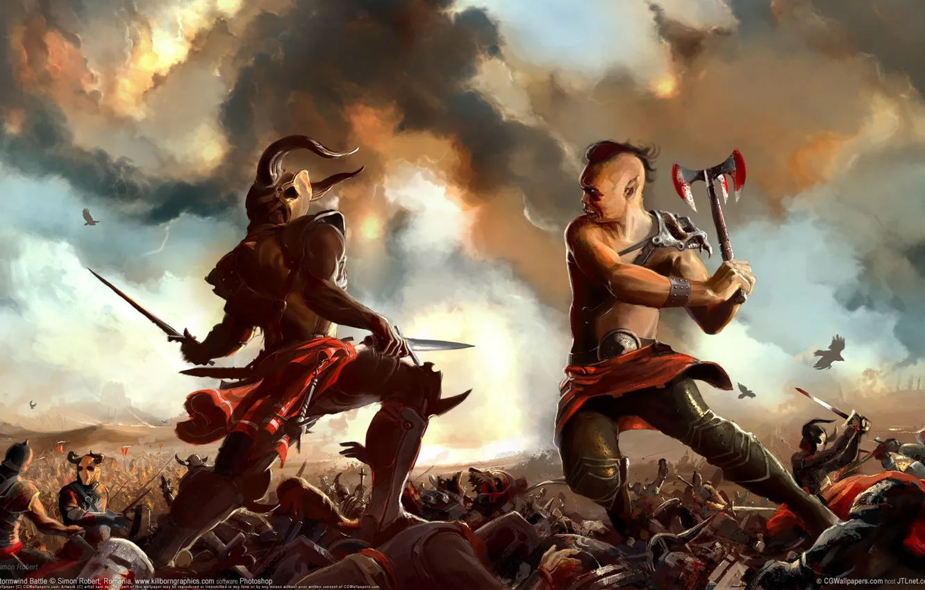 Photo wallpaper clouds, weapons, blood, warrior, art, rage, crows, battle