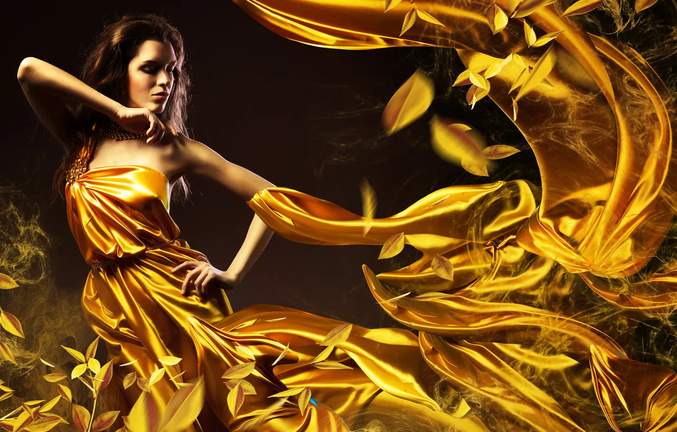 Photo wallpaper leaves, girl, lights, dress, curves, brown hair, curls, swirls