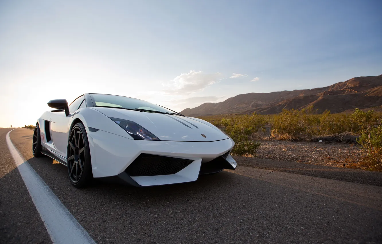 Photo wallpaper road, white, the sky, markup, shadow, Lamborghini, white, Gallardo