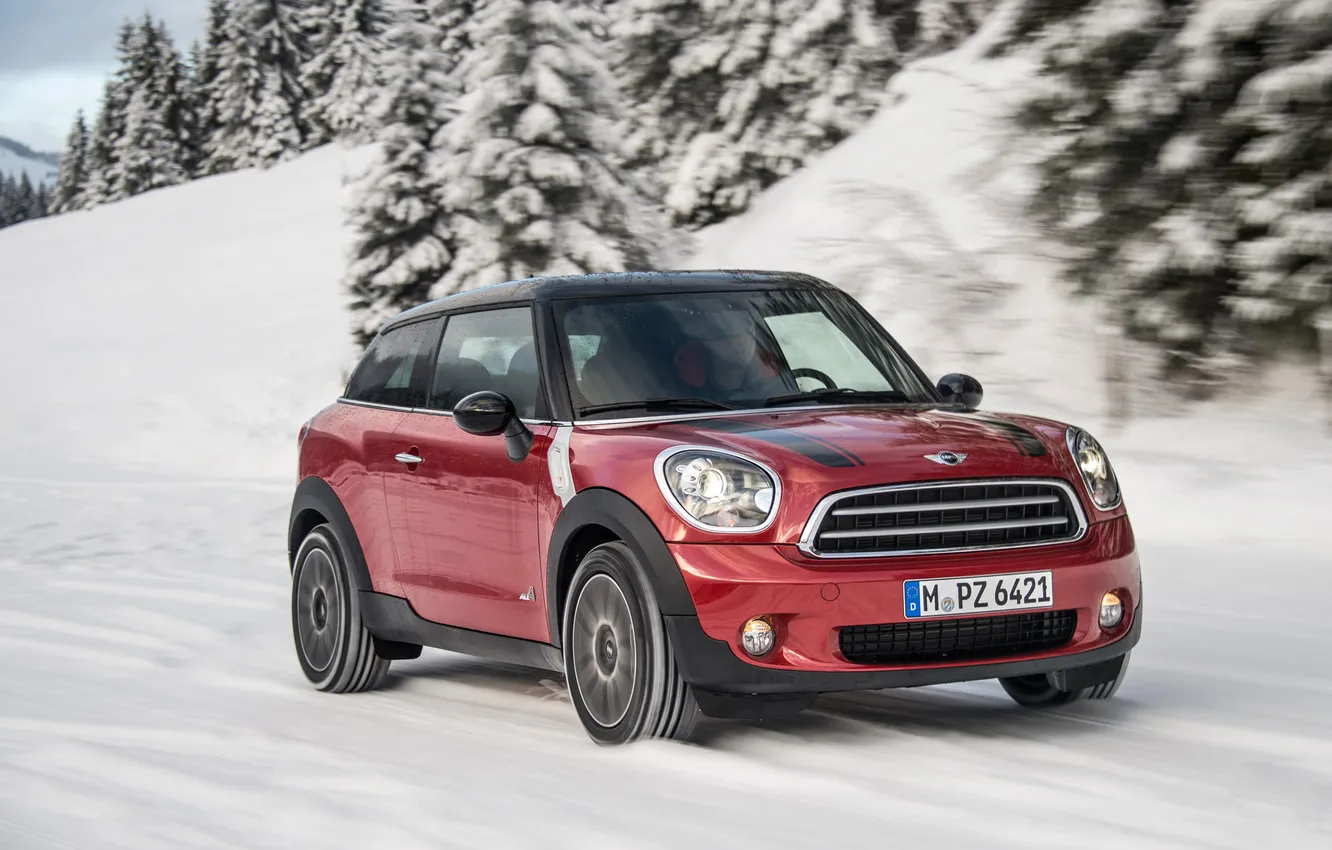 Photo wallpaper winter, machine, auto, red, lights, Mini, Mini Cooper, in motion