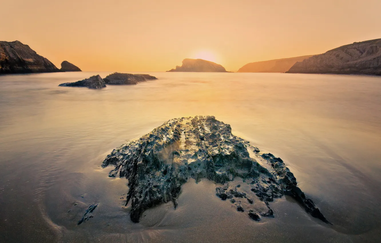 Photo wallpaper sea, landscape, sunset, stones