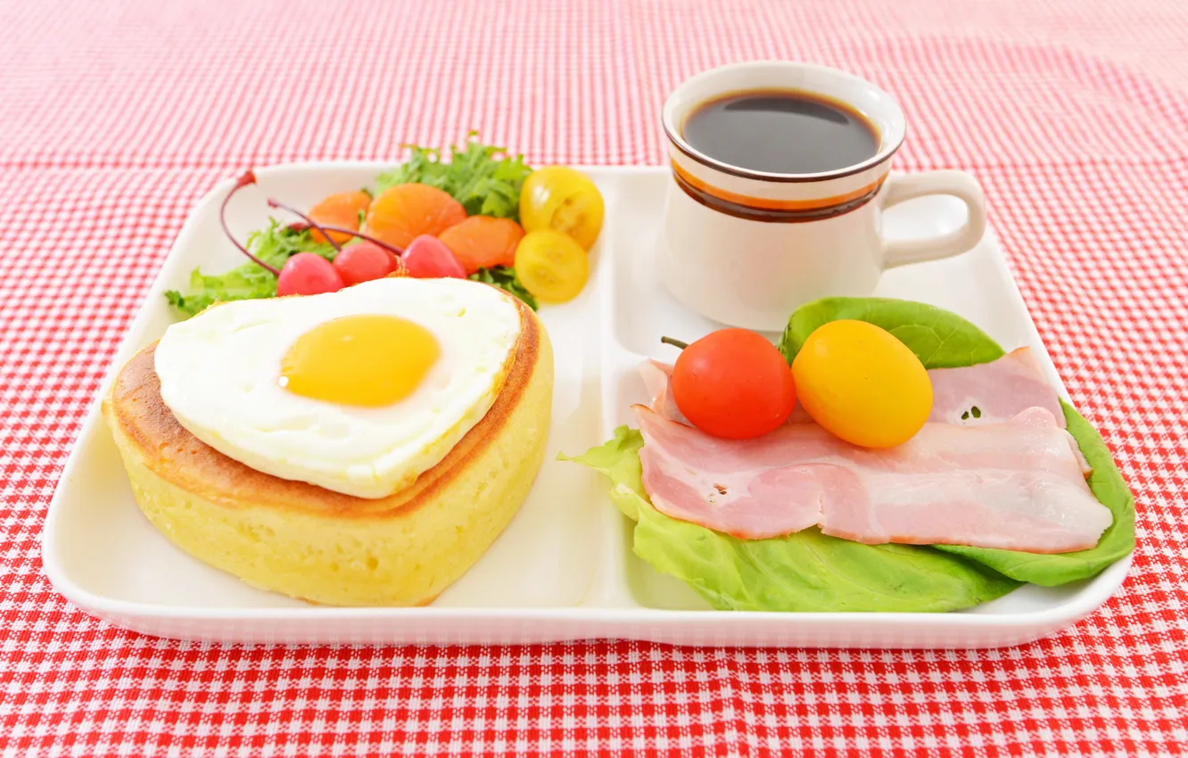Photo wallpaper coffee, eggs, Breakfast, tomatoes, tomatoes, bacon, coffee, salad