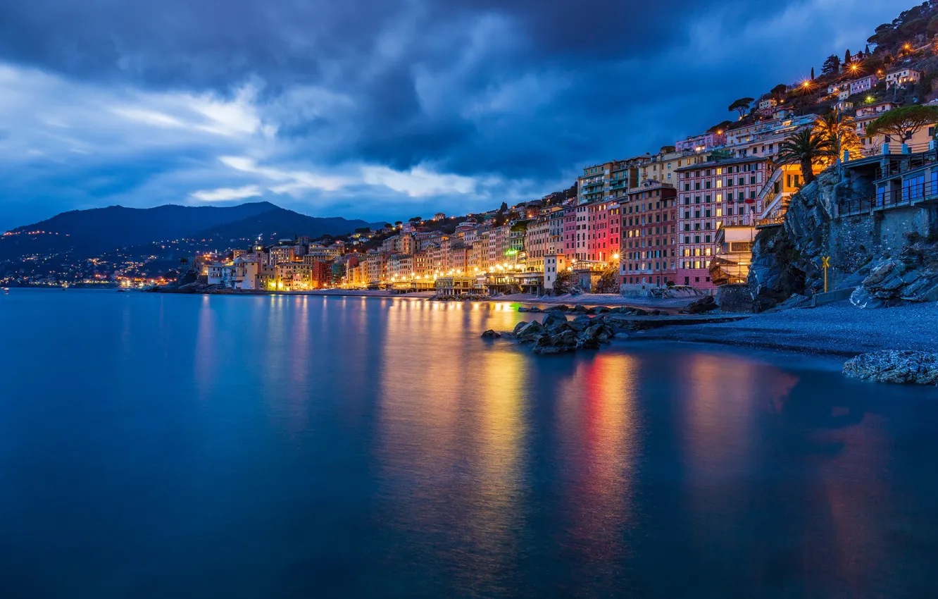 Photo wallpaper sea, coast, building, home, Italy, night city, Italy, The Ligurian sea