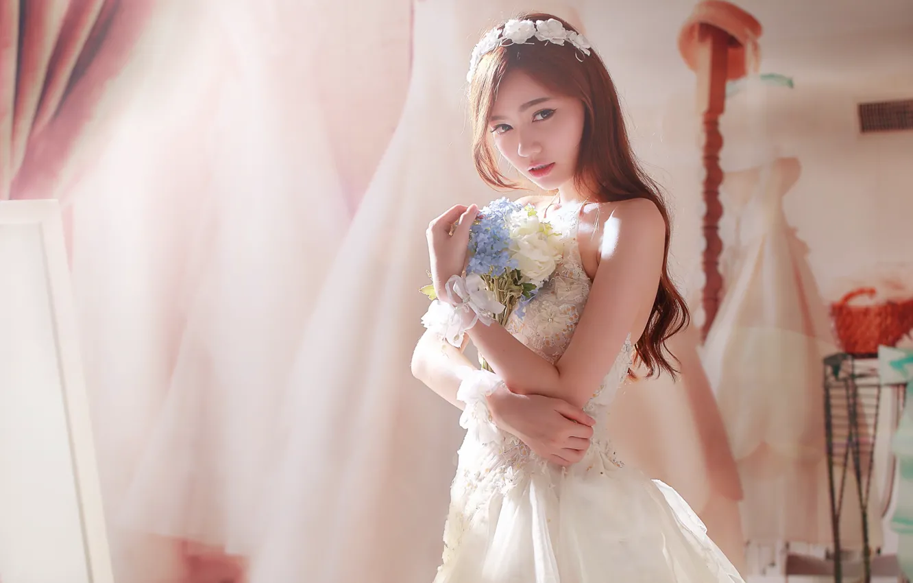 Photo wallpaper girl, flowers, Asian